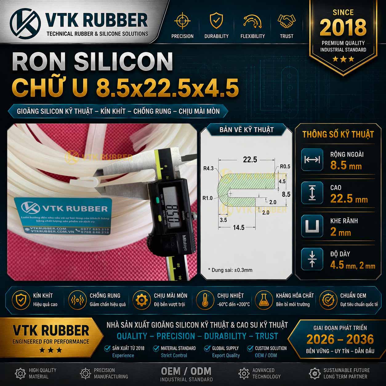 Ron silicon trắng chữ U 8.5x22.5x4.5 chịu nhiệt cao, mềm dẻo, an toàn, chuyên dùng cho máy móc và thiết bị công nghiệp tại Đà Nẵng