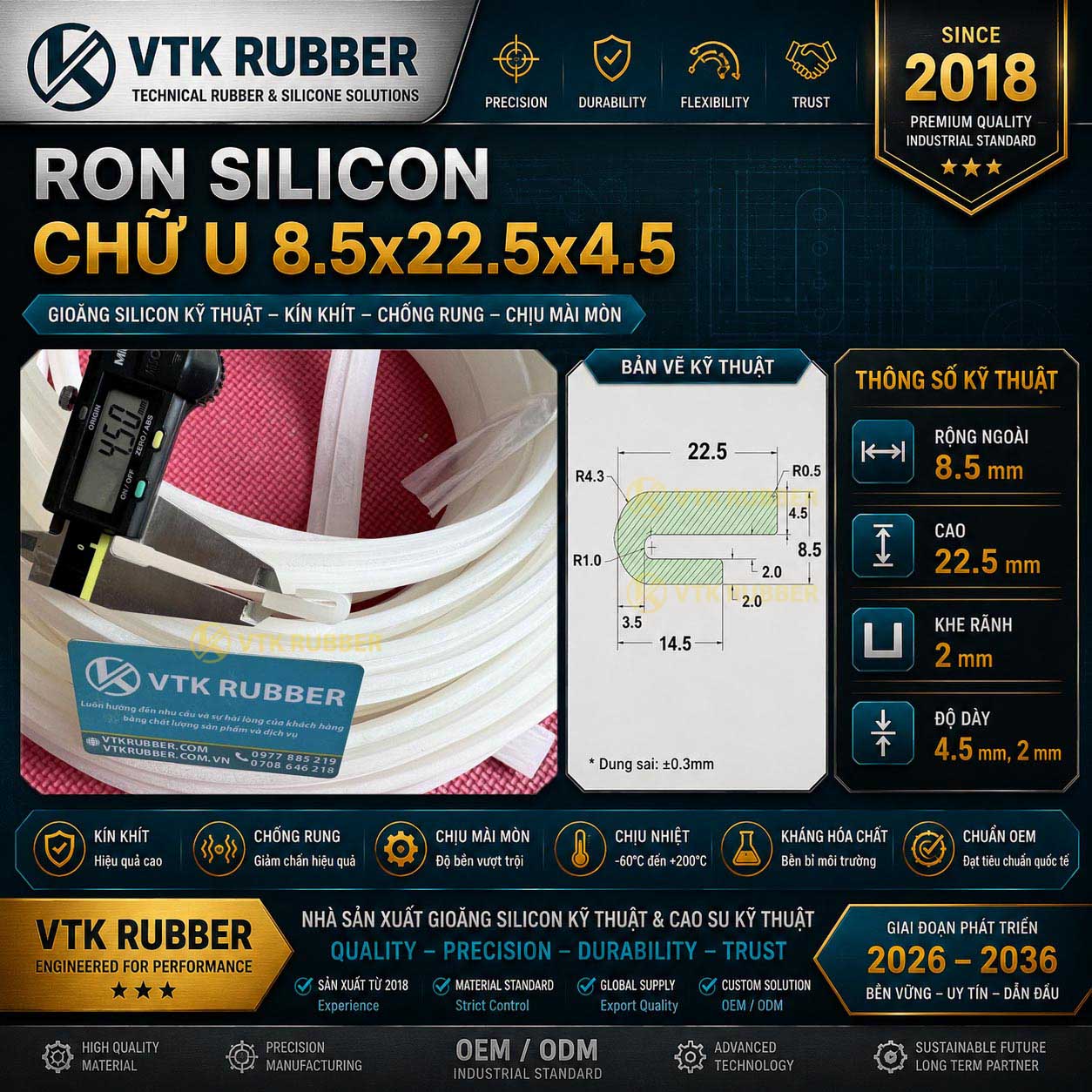 Ron silicon trắng chữ U 8.5x22.5x4.5 chịu nhiệt cao, mềm dẻo, an toàn, chuyên dùng cho máy móc và thiết bị công nghiệp tại Đà Nẵng