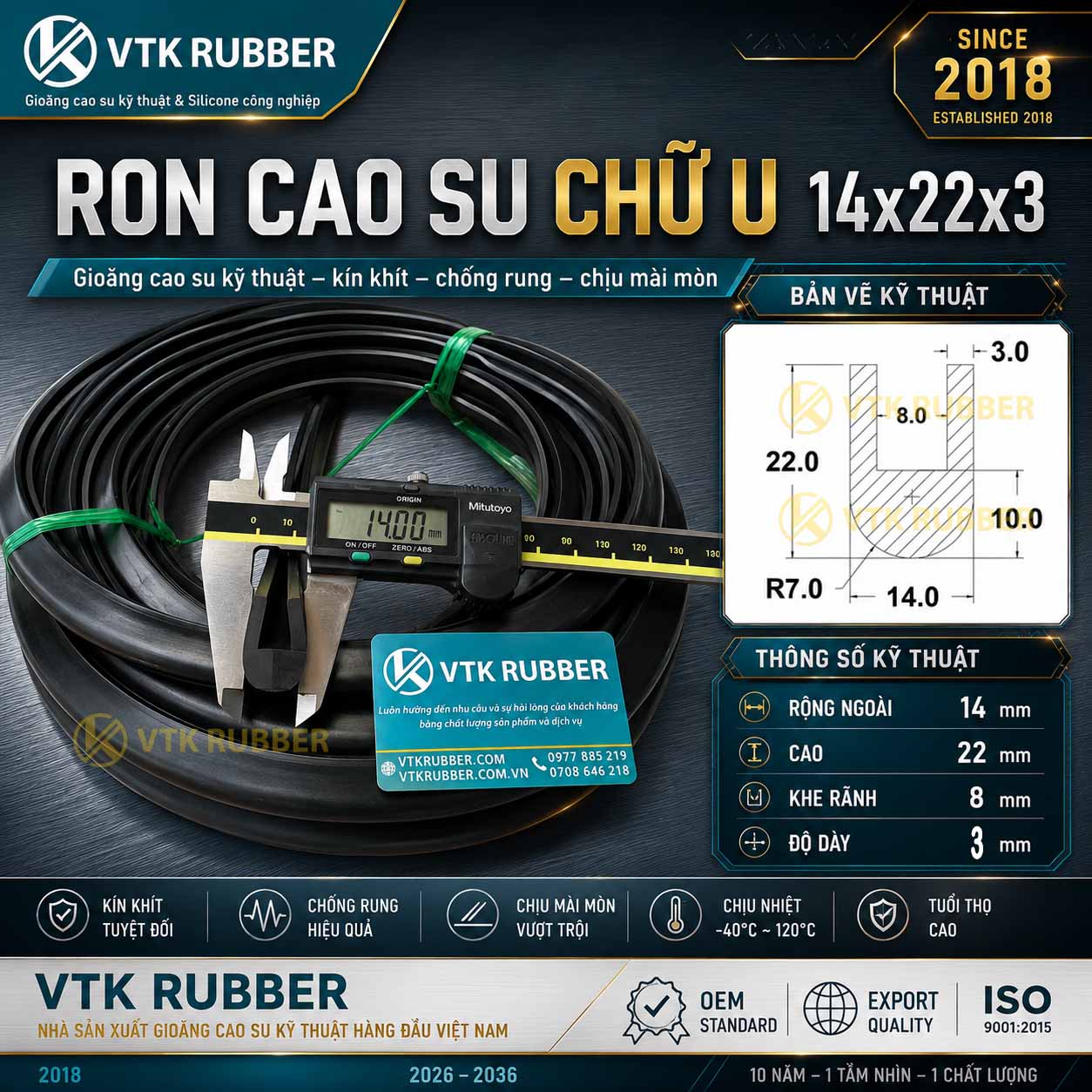 Ron cao su EPDM chữ U 14x22x3 chất lượng tại Hải Phòng