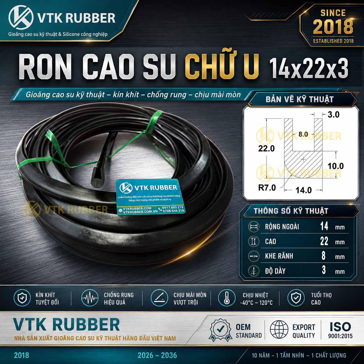 Ron cao su EPDM chữ U 14x22x3 chất lượng tại Hải Phòng