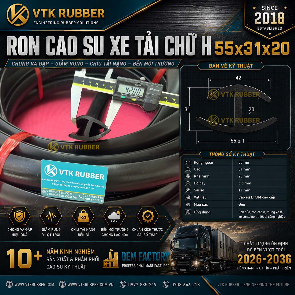 Gia công ron cao su EPDM xe tải 55x31x20 tại Cà Mau, chống nước, chịu nhiệt, đàn hồi cao, chuyên dùng cho xe tải và cửa công nghiệp.