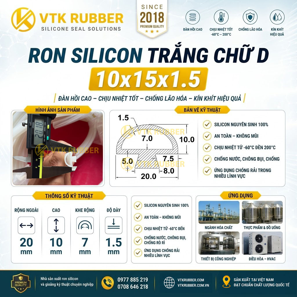 Ron silicon trắng chữ D 10x15x1.5 tại Lâm Đồng mềm dẻo, chịu nhiệt ổn định, phù hợp cửa máy, tủ điện và thiết bị công nghiệp