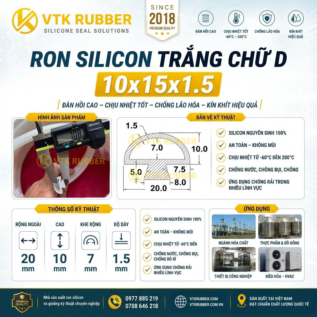 Ron silicon trắng chữ D 10x15x1.5 tại Lâm Đồng mềm dẻo, chịu nhiệt ổn định, phù hợp cửa máy, tủ điện và thiết bị công nghiệp