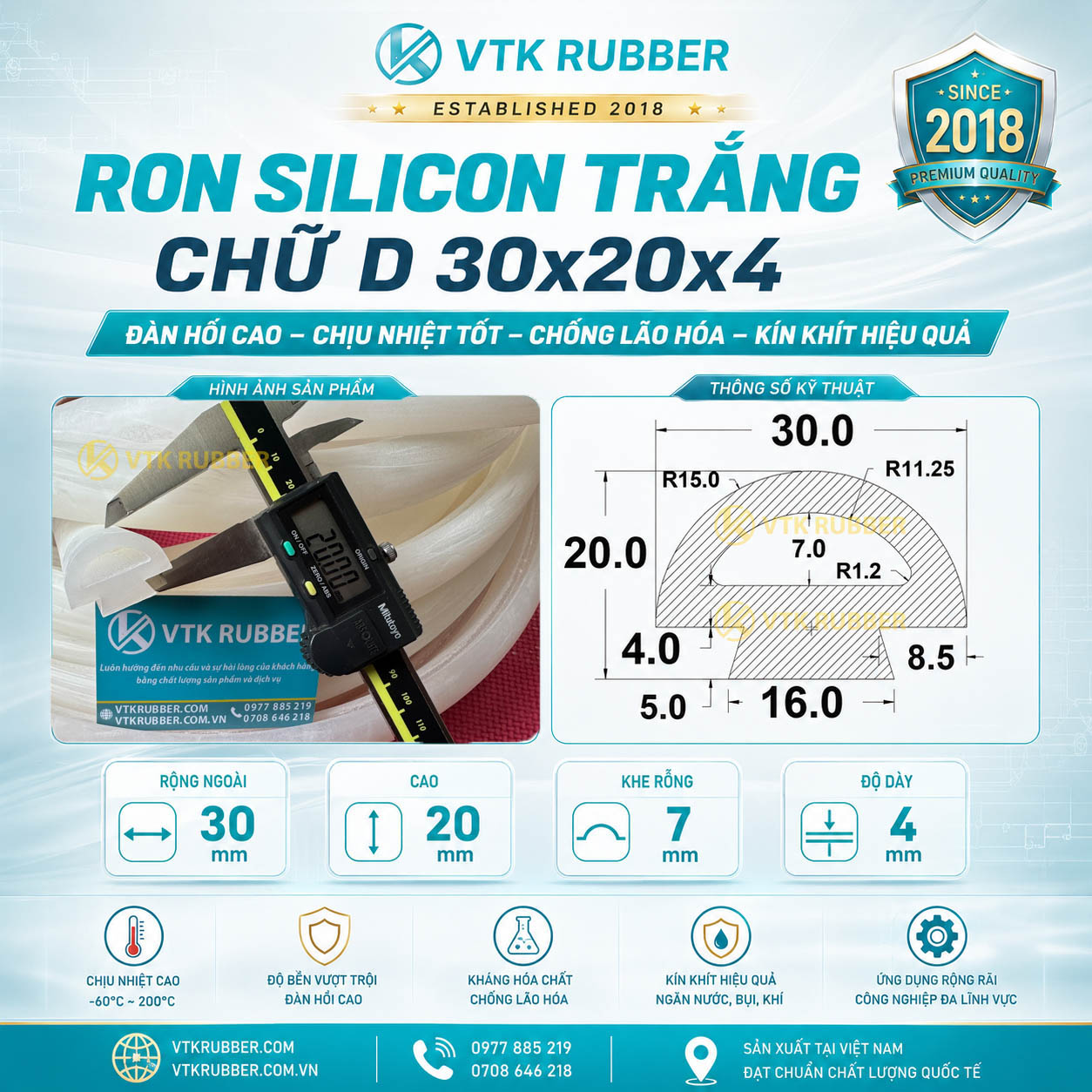 Gia công ron silicon trắng chữ D 30x20x4 tại Hưng Yên, chịu nhiệt cao, chống bụi và chống rung hiệu quả cho thiết bị công nghiệp