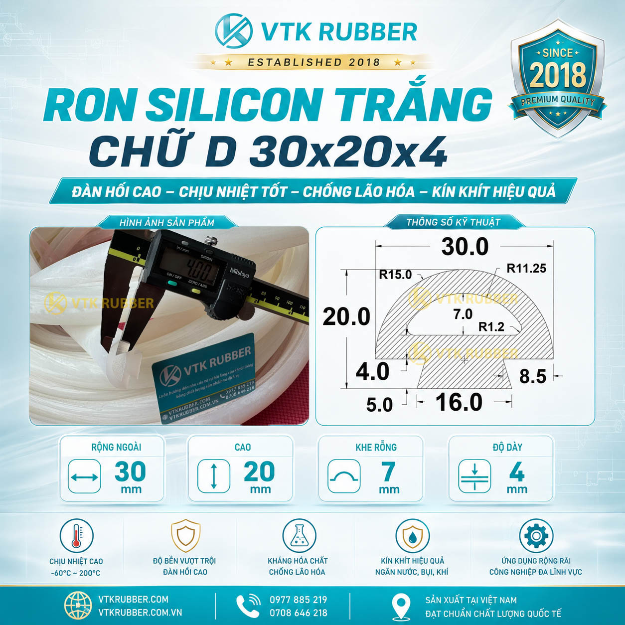 Gia công ron silicon trắng chữ D 30x20x4 tại Hưng Yên, chịu nhiệt cao, chống bụi và chống rung hiệu quả cho thiết bị công nghiệp