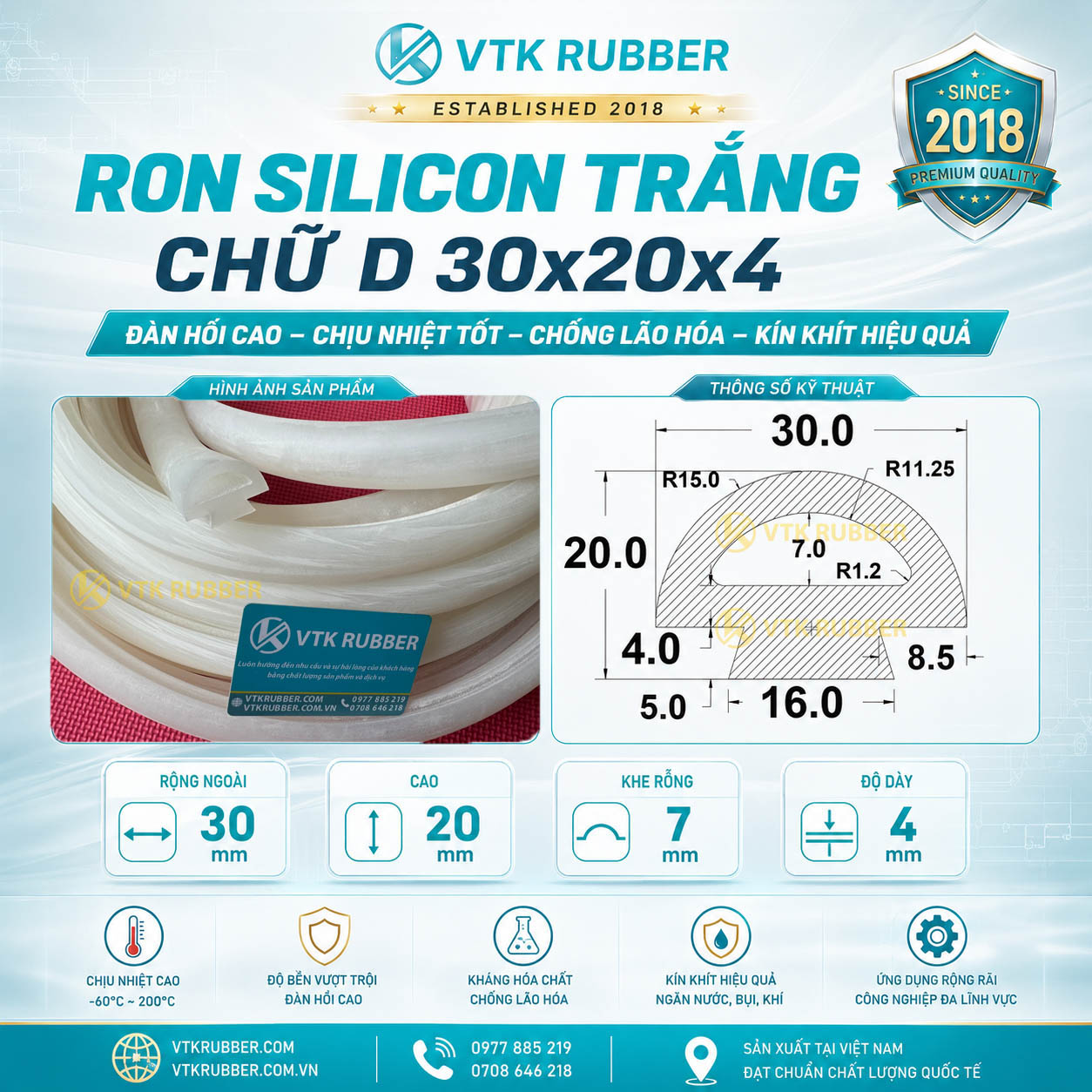 Gia công ron silicon trắng chữ D 30x20x4 tại Hưng Yên, chịu nhiệt cao, chống bụi và chống rung hiệu quả cho thiết bị công nghiệp
