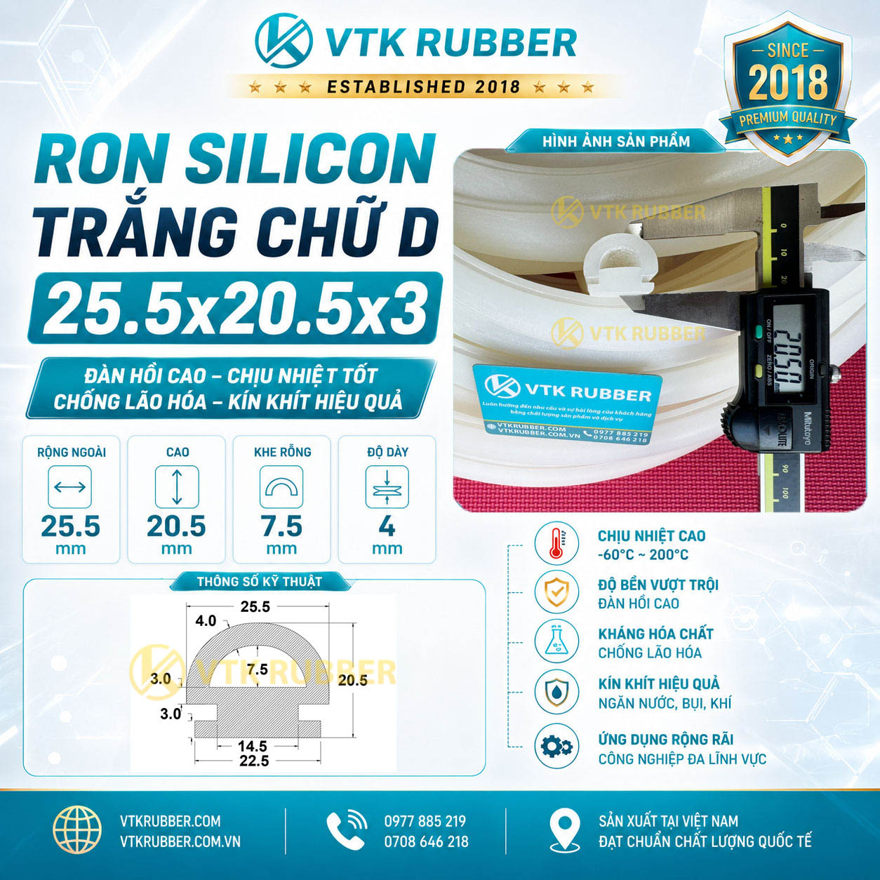 Cung cấp ron silicon trắng chữ D 25.5x20.5x3 tại Vĩnh Long, chống nước, chịu nhiệt, phù hợp máy móc và cửa kỹ thuật công nghiệp