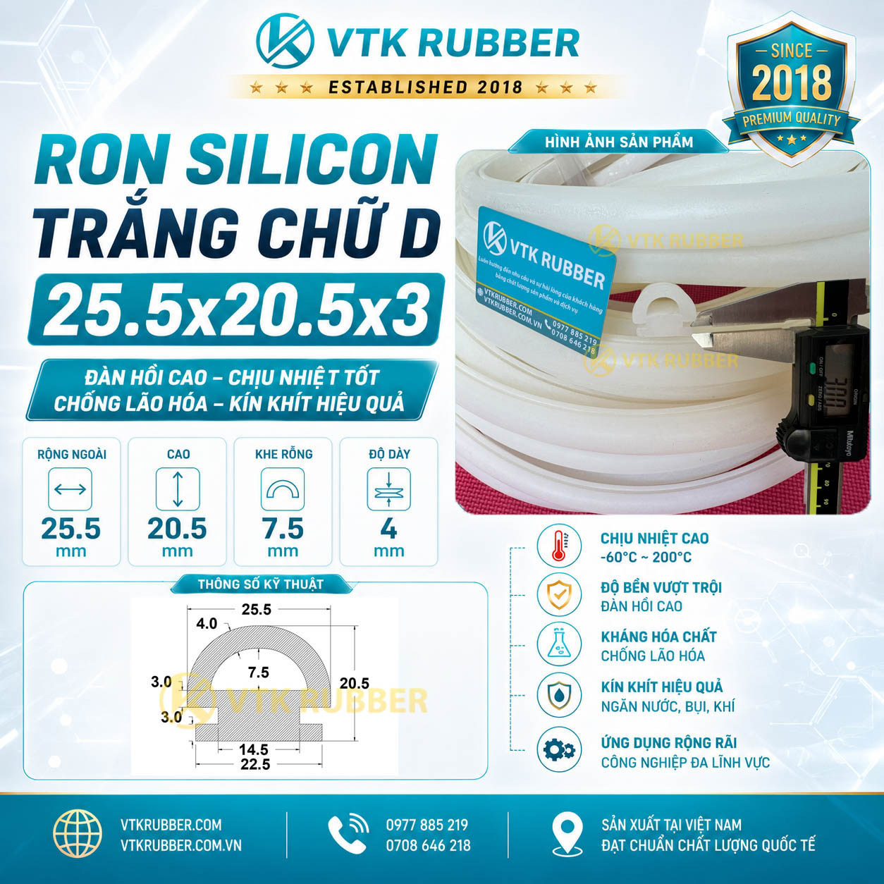 Cung cấp ron silicon trắng chữ D 25.5x20.5x3 tại Vĩnh Long, chống nước, chịu nhiệt, phù hợp máy móc và cửa kỹ thuật công nghiệp