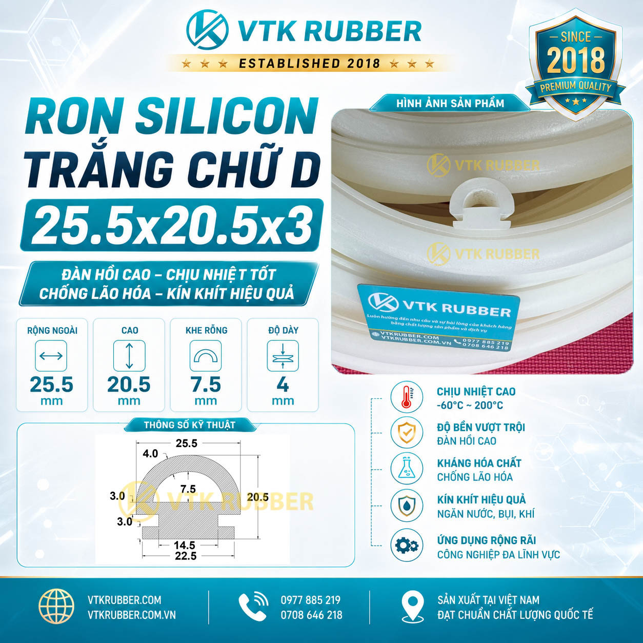 Cung cấp ron silicon trắng chữ D 25.5x20.5x3 tại Vĩnh Long, chống nước, chịu nhiệt, phù hợp máy móc và cửa kỹ thuật công nghiệp