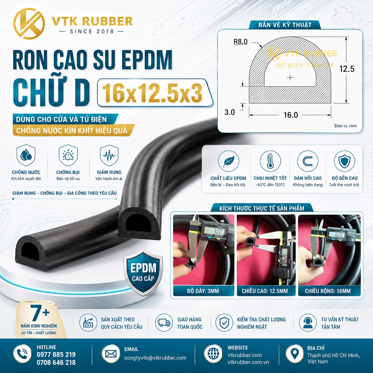 Ron cao su EPDM chữ D 16x12.5x3 tại Khánh Hòa chuyên chống nước, chống bụi và giảm rung cho cửa kỹ thuật, tủ điện và thiết bị công nghiệp