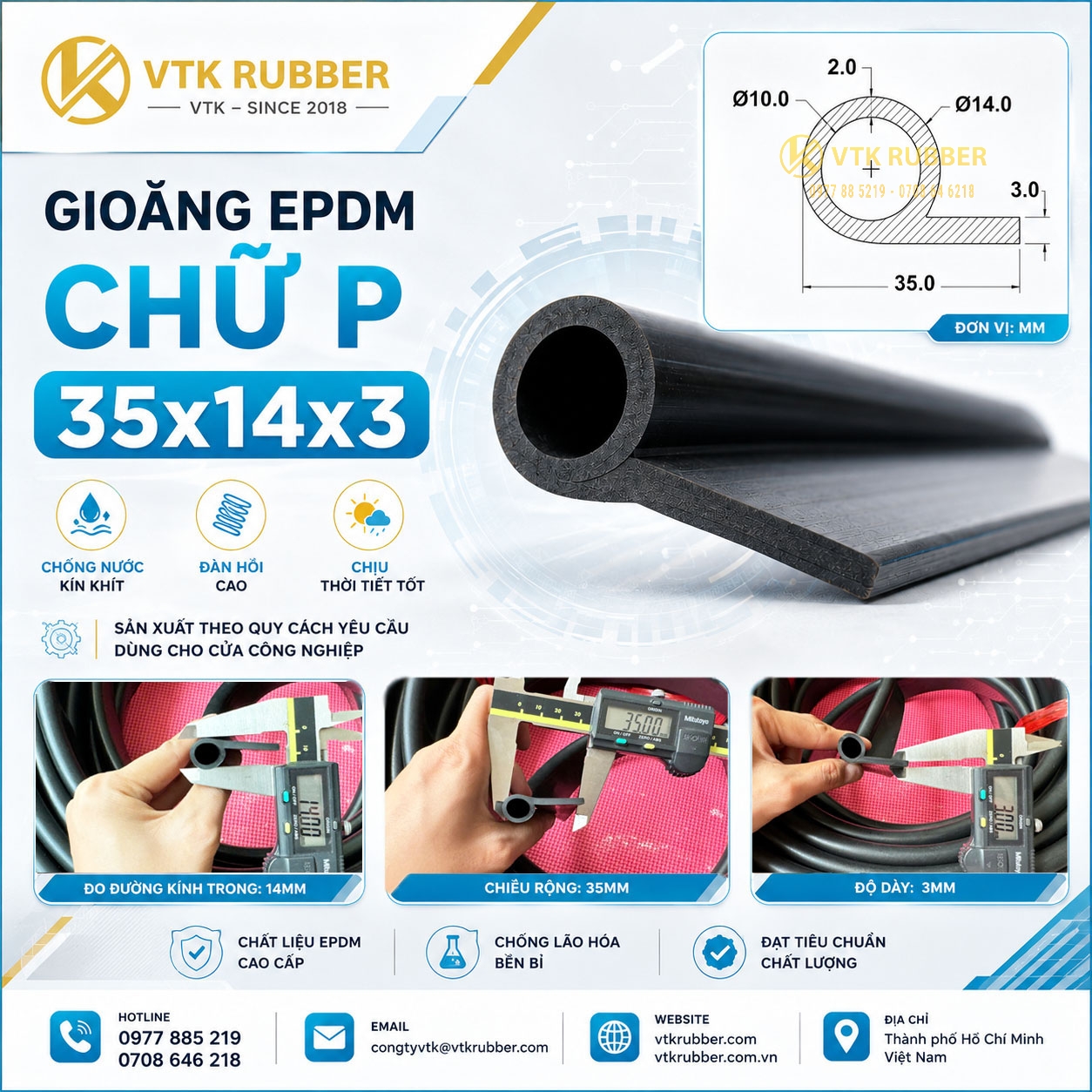 Gioăng EPDM chữ P 35x14x3 tại Vĩnh Long chuyên chống nước, chống bụi và tăng độ kín khít cho cửa công nghiệp, cửa kỹ thuật và thiết bị cơ khí