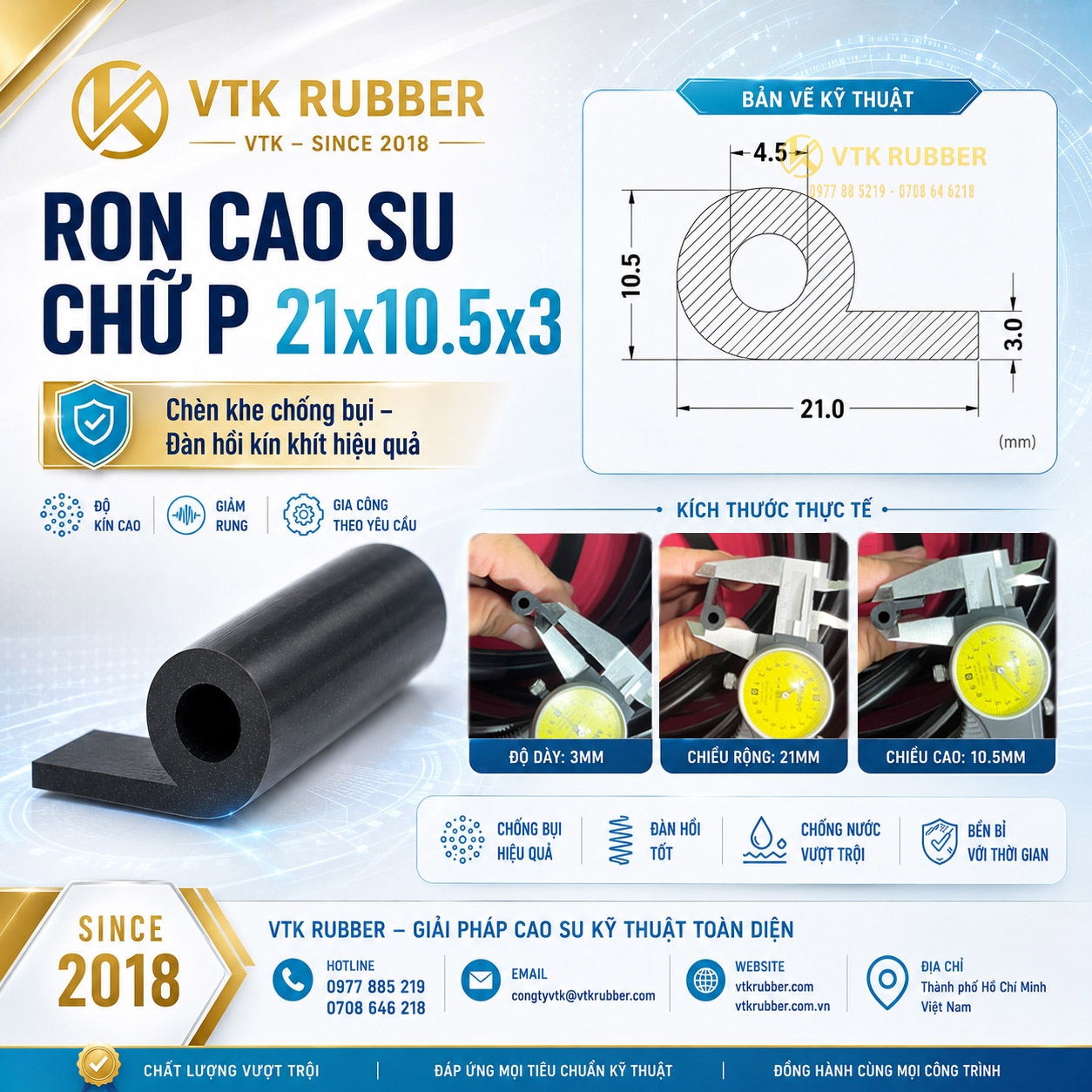 Ron cao su chữ P 21x10.5x3 là dòng gioăng kỹ thuật chuyên dùng cho hệ thống cửa máy, cửa kỹ thuật và tủ điện công nghiệp cần độ kín khít cao. Thiết kế dạng chữ P giúp gioăng ôm sát bề mặt lắp đặt, tăng khả năng chống bụi và giảm rung hiệu quả trong quá trình thiết bị vận hành liên tục